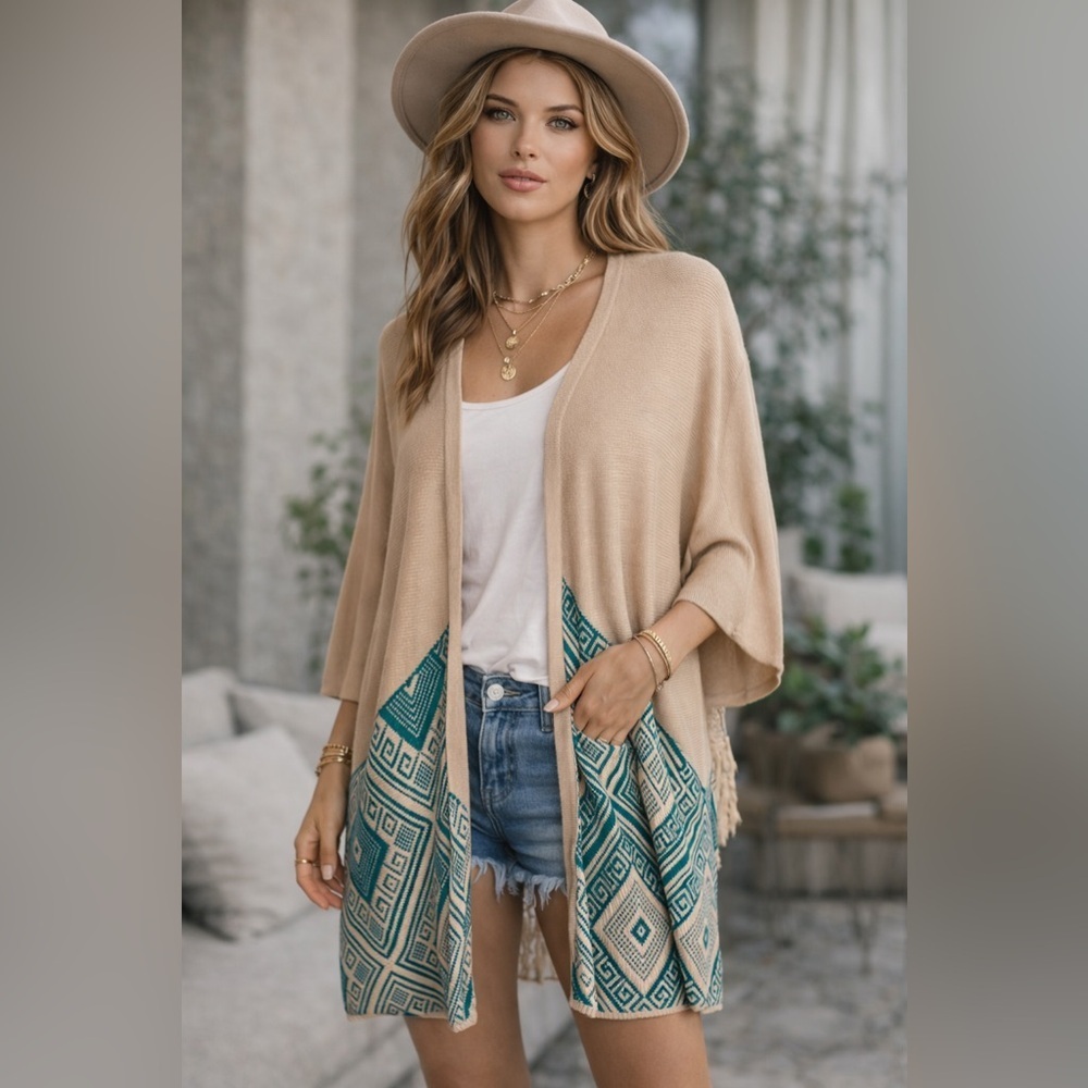 Umgee Boho Crochet Back Fringe Kimono Cardigan | Oversized (1157)
